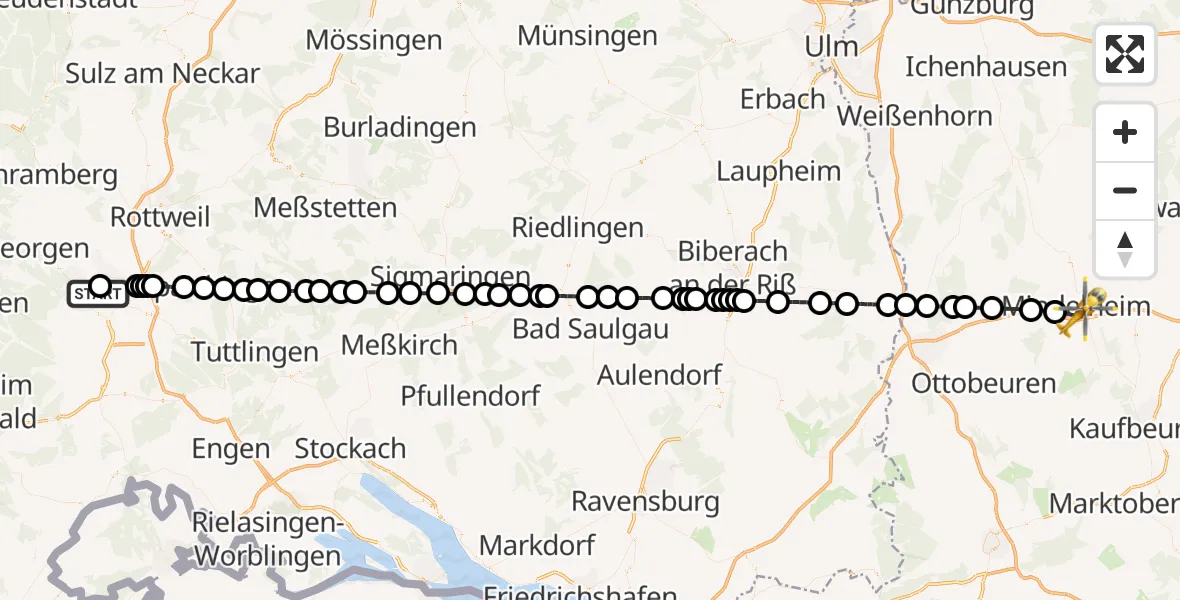 Flugroute Ambulanzhubschrauber DRF Air Rescue Station Villingen-Schwenningen Hubschrauberlandeplatz (Christoph 11) - Mindelheim, 03 Juli 2026, 21:45