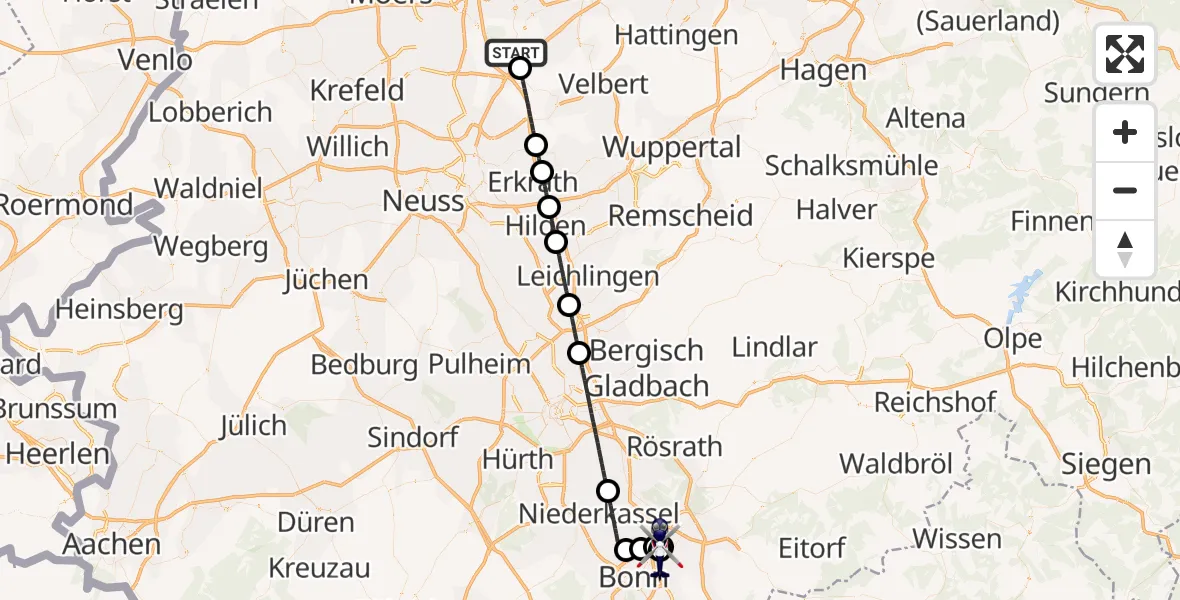Flugroute Polizeihubschrauber Mülheim an der Ruhr - Sankt Augustin, 03 Juli 2026, 21:45