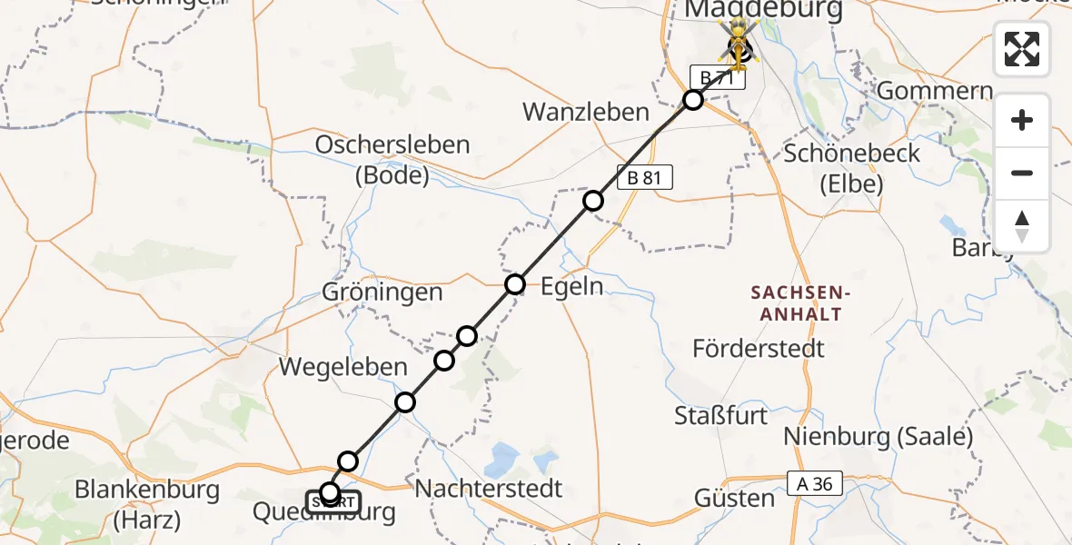 Flugroute Rettungshubschrauber Harz Hospital Quedlinburg - Magdeburg, 03 Juli 2026, 22:39