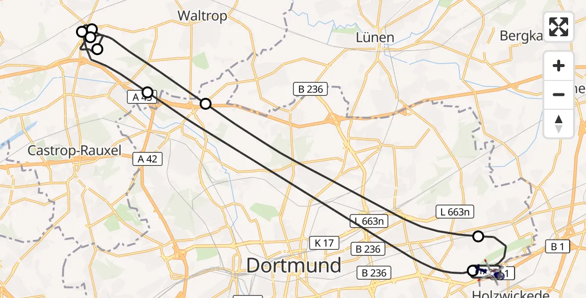 Flugroute Polizeihubschrauber Dortmund Flughafen - Dortmund Flughafen, 03 Juli 2026, 22:56