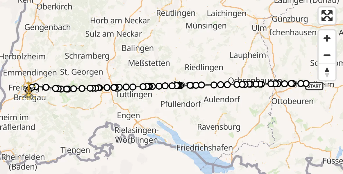 Flugroute Ambulanzhubschrauber Mindelheim - Freiburg University Hospital Heliport 1, 03 Juli 2026, 22:59