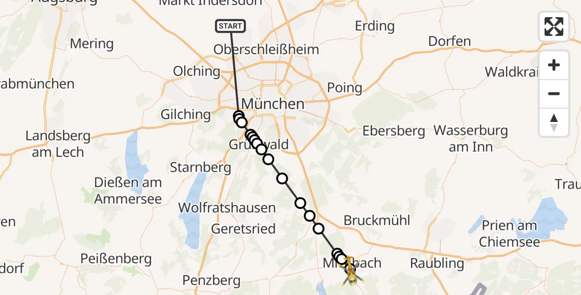 Flugroute Rettungshubschrauber Röhrmoos - Agatharied Krankenhaus Hubschrauberlandeplatz, 03 Juli 2026, 23:19