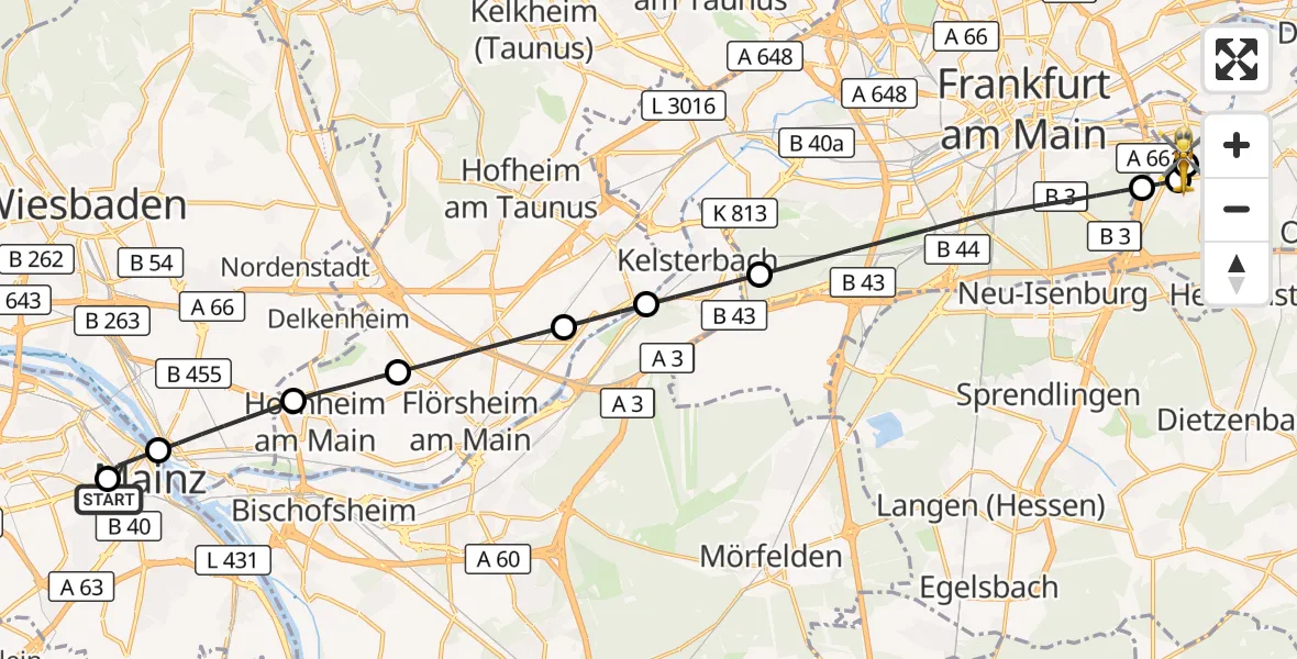 Flugroute Rettungshubschrauber Mainz University Hospital - Sana Hospital Offenbach, 03 Juli 2026, 23:28