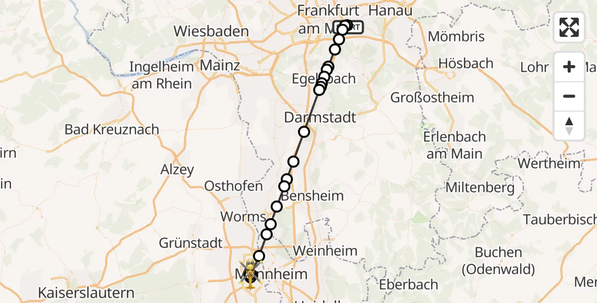 Flugroute Rettungshubschrauber Sana Hospital Offenbach - Ludwigshafen Accident Hospital, 04 Juli 2026, 00:17