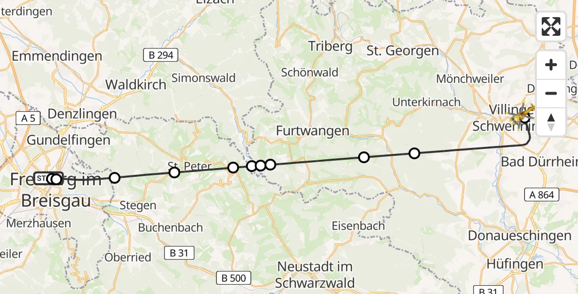 Flugroute Ambulanzhubschrauber Freiburg University Hospital Heliport 1 - DRF Air Rescue Station Villingen-Schwenningen Hubschrauberlandeplatz (Christoph 11), 04 Juli 2026, 00:18