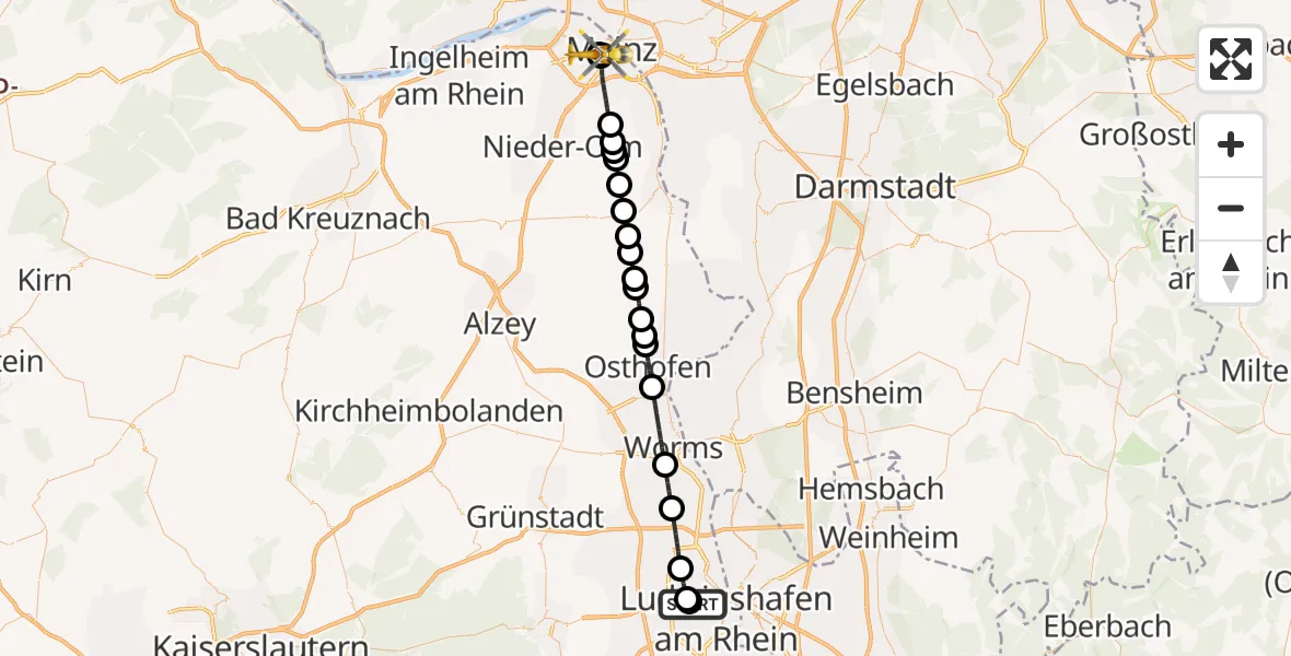 Flugroute Rettungshubschrauber Ludwigshafen Accident Hospital - Mainz University Hospital, 04 Juli 2026, 01:13