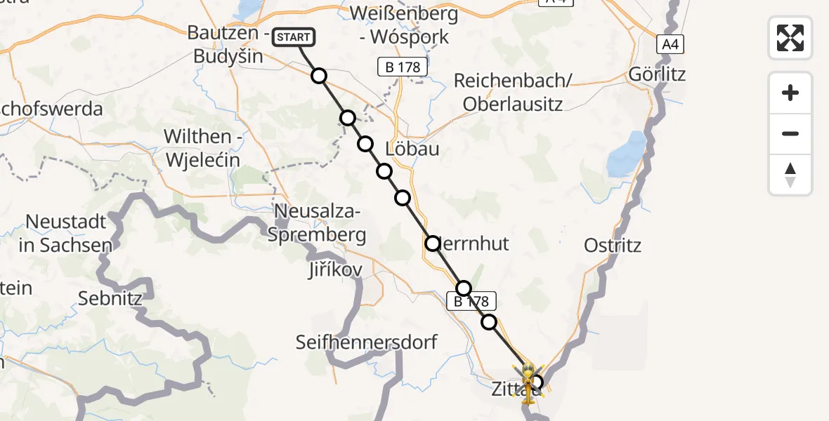 Flugroute Rettungshubschrauber Kubschütz - Zittau, 04 Juli 2026, 02:51