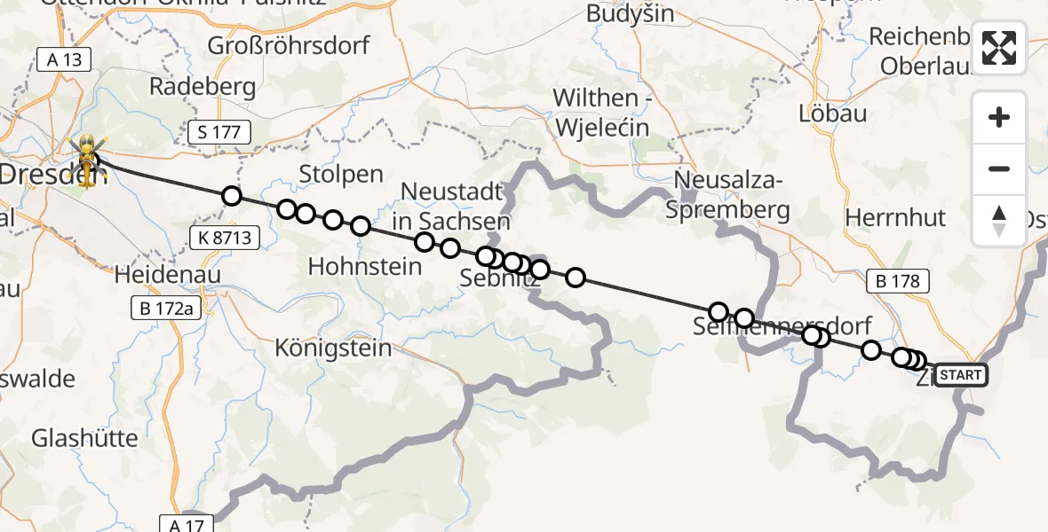 Flugroute Rettungshubschrauber Zittau - Dresden University Hospital, 04 Juli 2026, 03:21