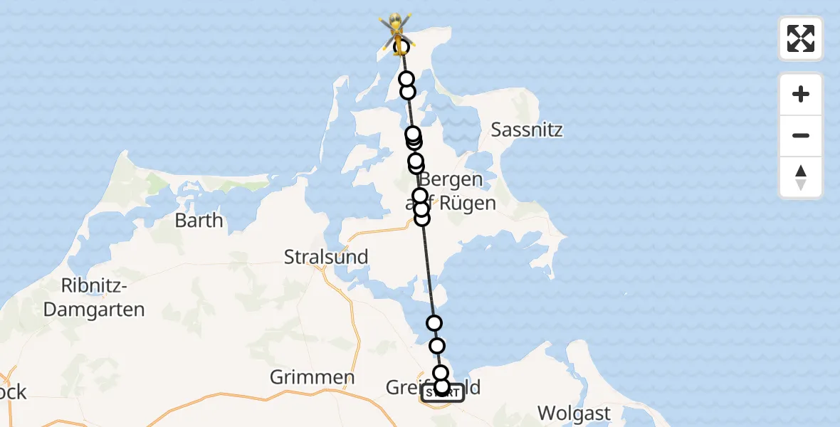 Flugroute Rettungshubschrauber Greifswald Hospital - Dranske, 04 Juli 2026, 04:28