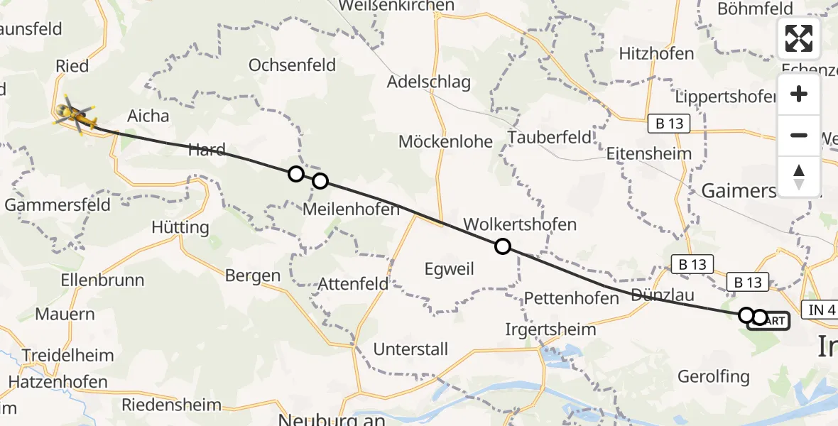 Flugroute Rettungshubschrauber Ingolstadt Hospital - Wellheim, 04 Juli 2026, 04:58