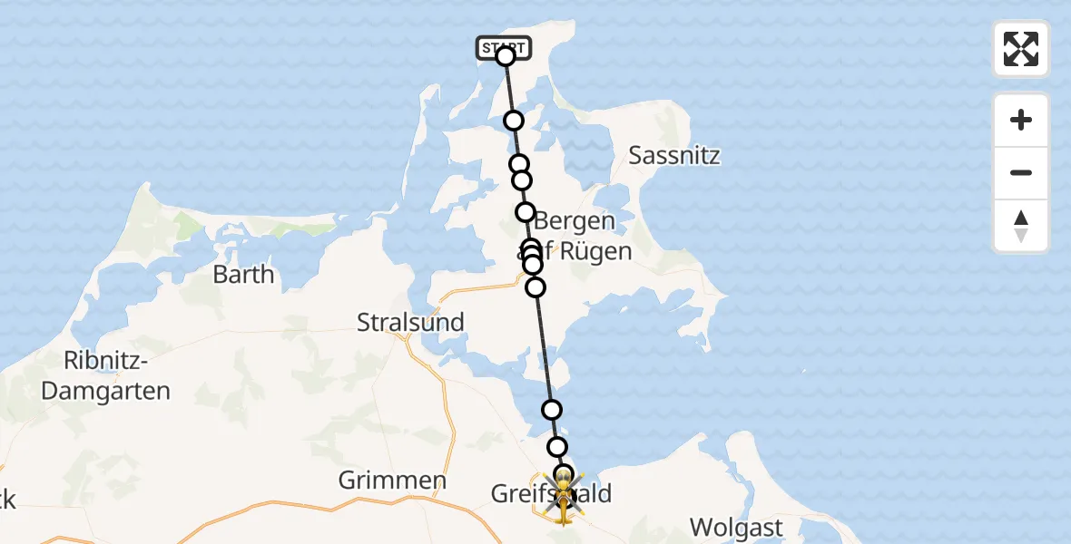 Flugroute Rettungshubschrauber Dranske - Greifswald Hospital, 04 Juli 2026, 05:10