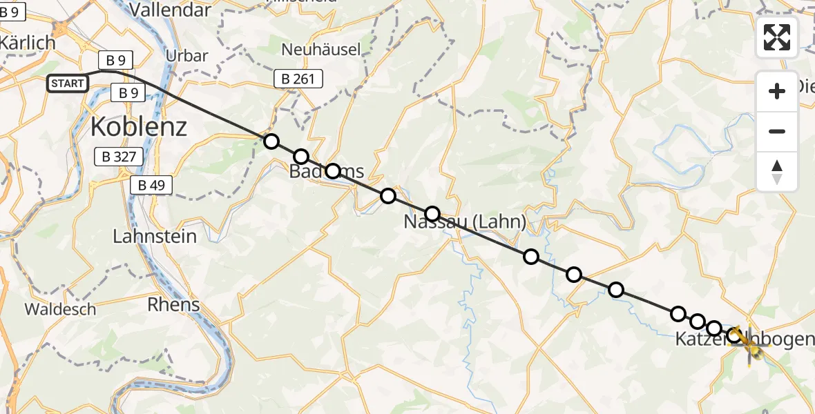 Flugroute Rettungshubschrauber Koblenz - Katzenelnbogen, 04 Juli 2026, 05:14