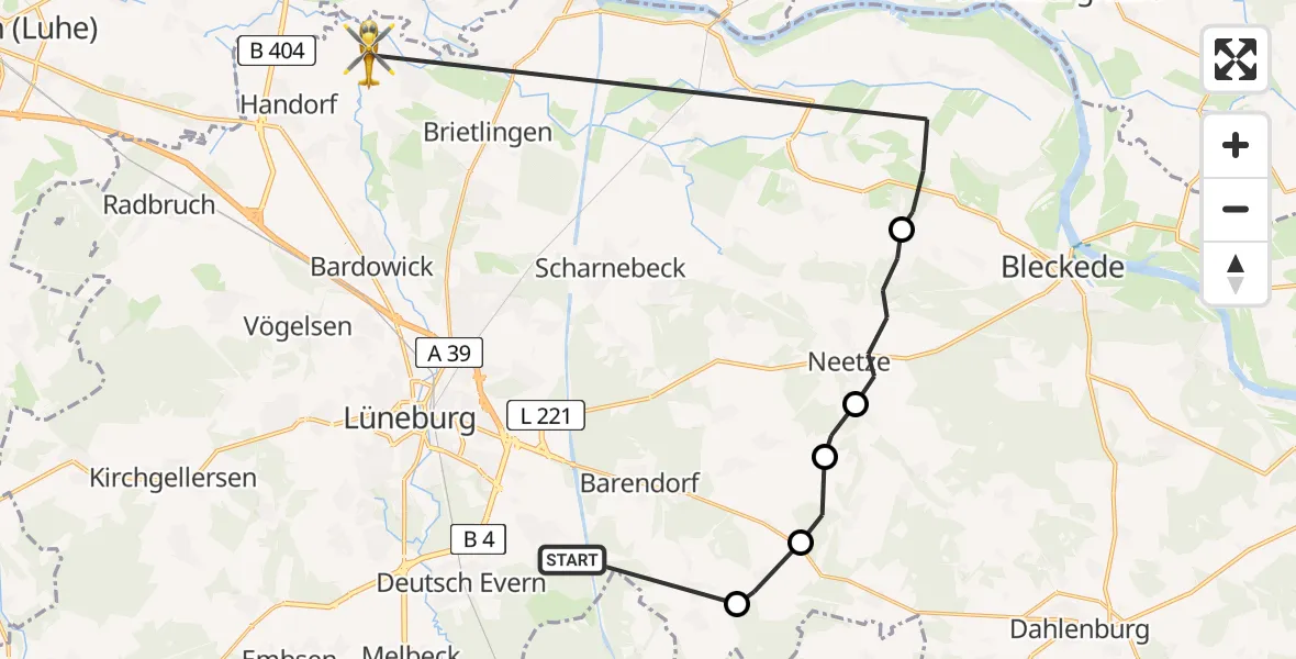 Flugroute Rettungshubschrauber Wendisch Evern - Barum, 04 Juli 2026, 05:27