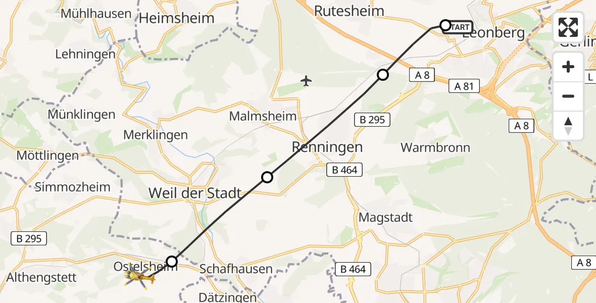 Flugroute Rettungshubschrauber Leonberg Hospital - Ostelsheim, 04 Juli 2026, 05:35