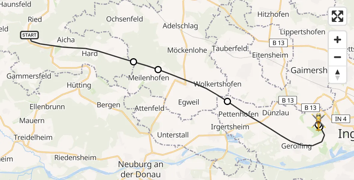 Flugroute Rettungshubschrauber Wellheim - Ingolstadt Hospital, 04 Juli 2026, 05:43