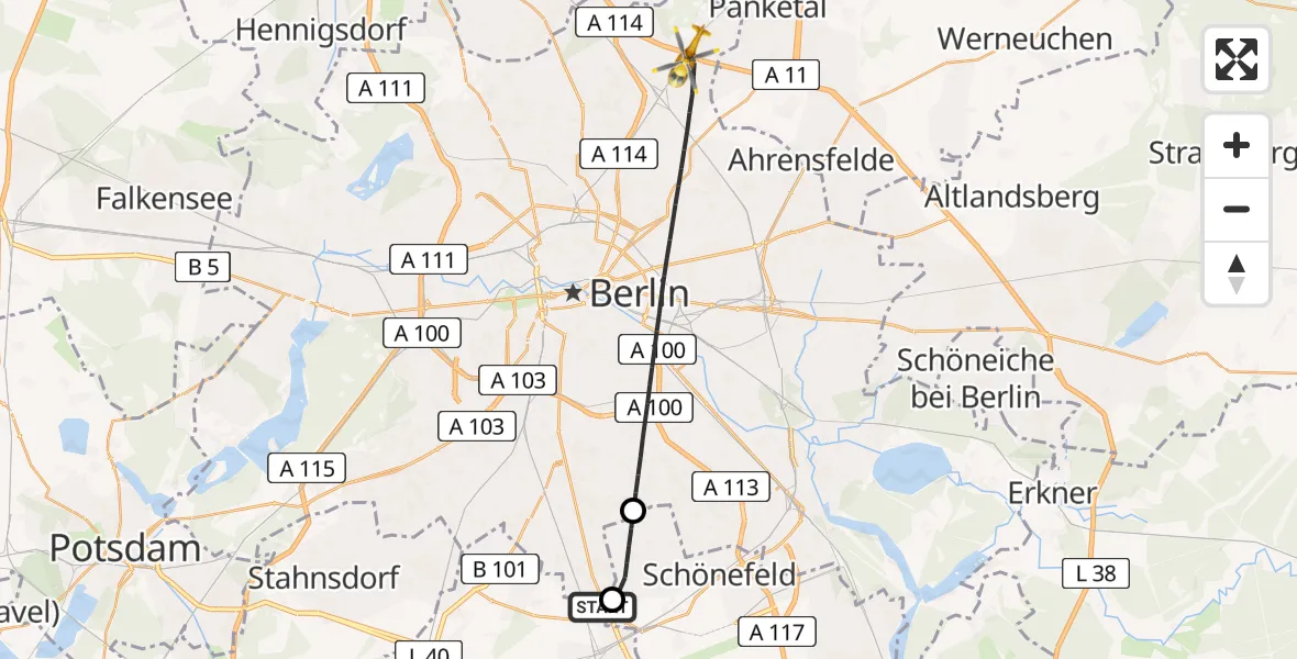 Flugroute Rettungshubschrauber Blankenfelde-Mahlow - Berlin, 04 Juli 2026, 05:47