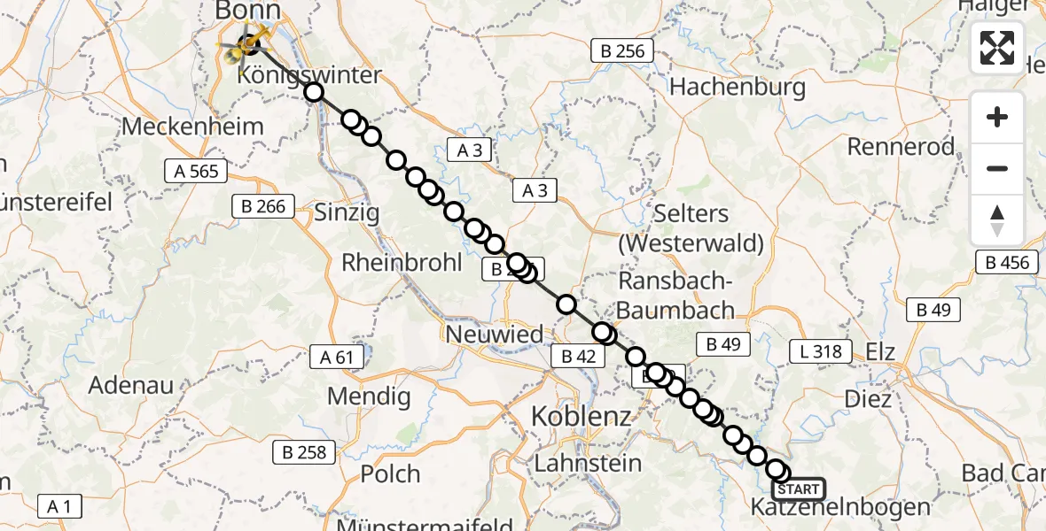 Flugroute Rettungshubschrauber Kördorf - Bonn University Hospital, 04 Juli 2026, 05:48