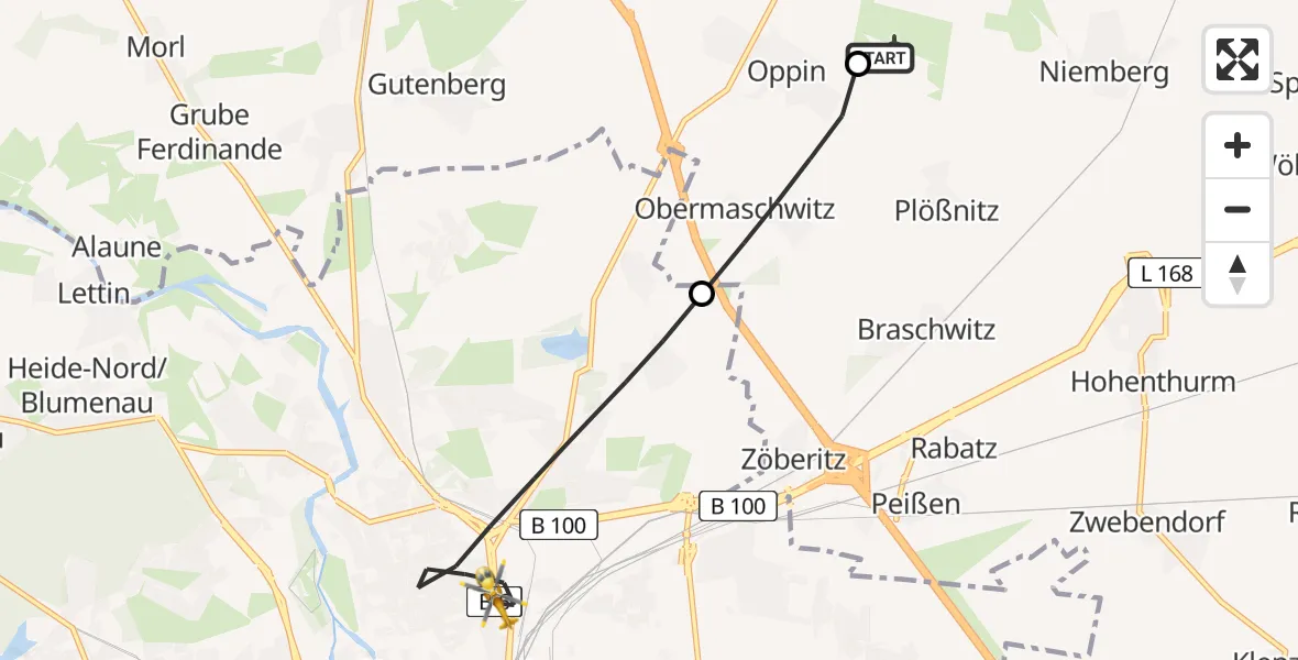 Flugroute Rettungshubschrauber Halle-Oppin Flugplatz - Halle (Saale), 04 Juli 2026, 06:10