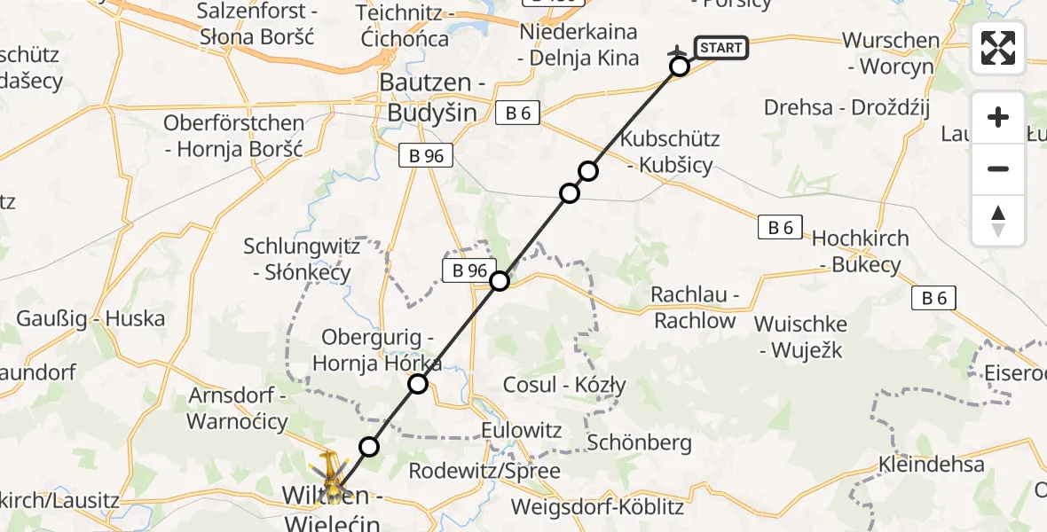 Flugroute Rettungshubschrauber Bautzen Flugplatz - Wilthen, 04 Juli 2026, 06:10