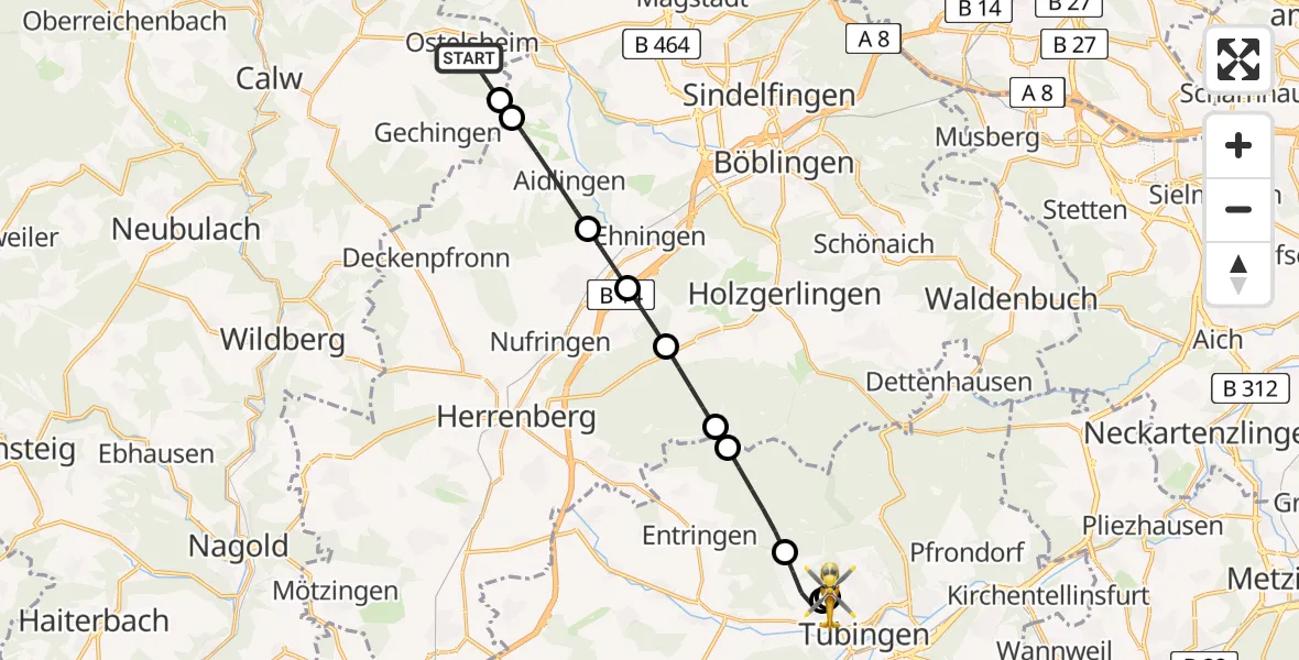 Flugroute Rettungshubschrauber Ostelsheim - Tübingen Trauma Hospital, 04 Juli 2026, 06:21
