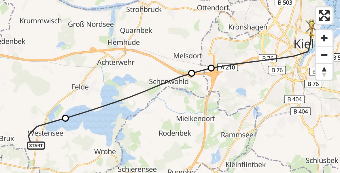 Flugroute Ambulanzhubschrauber Westensee - Kiel, 04 Juli 2026, 06:40