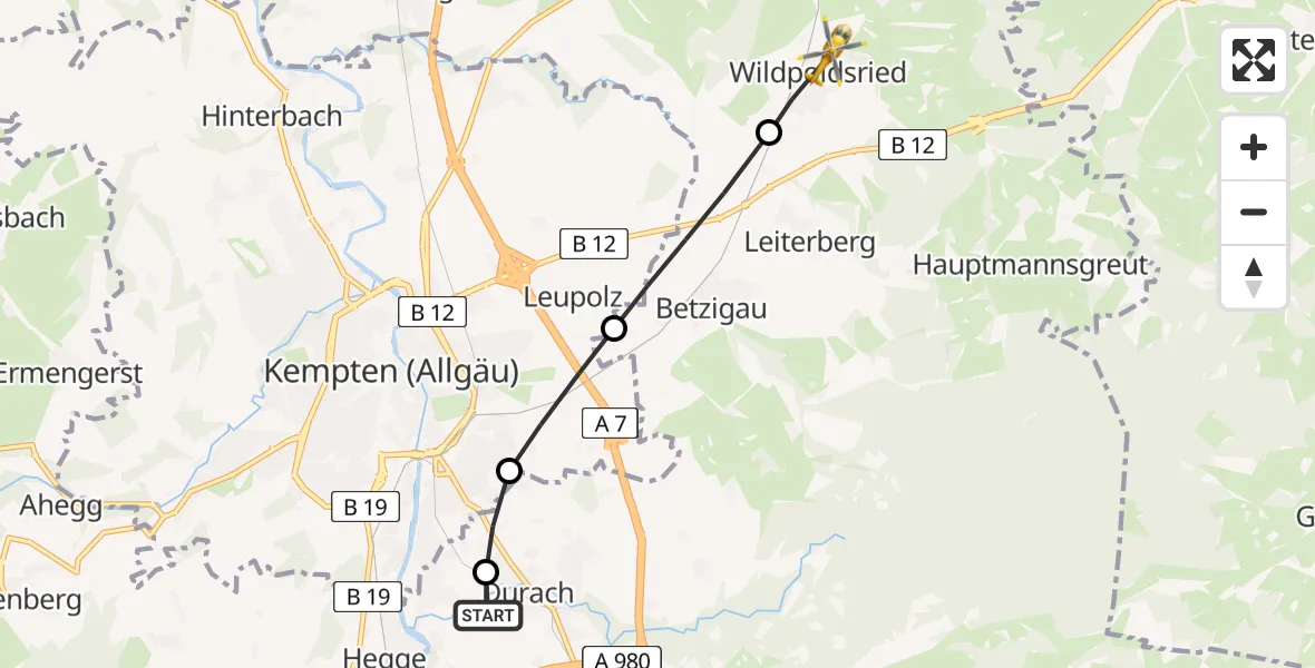 Flugroute Rettungshubschrauber Kempten-Durach Flugplatz - Wildpoldsried, 04 Juli 2026, 06:48