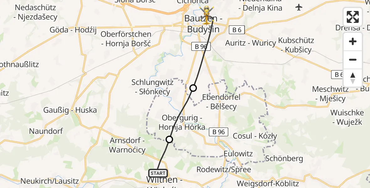 Flugroute Rettungshubschrauber Wilthen - Bautzen, 04 Juli 2026, 06:49