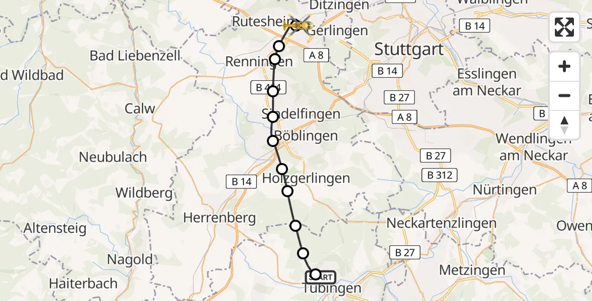 Flugroute Rettungshubschrauber Tübingen Trauma Hospital - Leonberg Hospital, 04 Juli 2026, 06:51