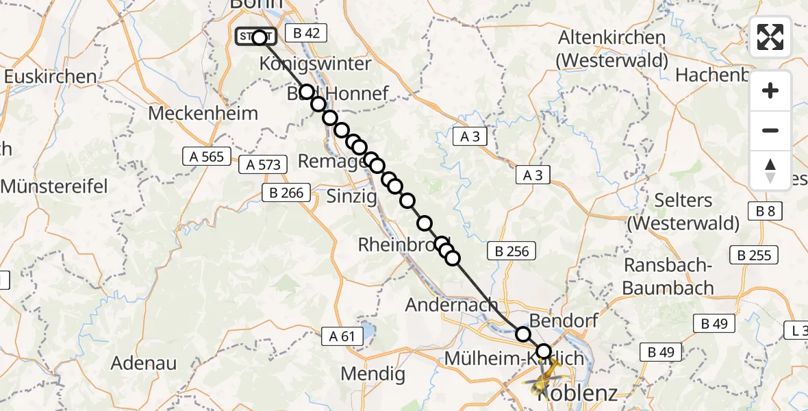 Flugroute Rettungshubschrauber Bonn University Hospital - Koblenz, 04 Juli 2026, 06:55