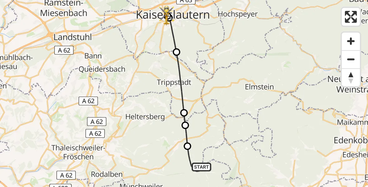 Flugroute Rettungshubschrauber Merzalben - Westpfalz Hospital Kaiserslautern, 04 Juli 2026, 07:15