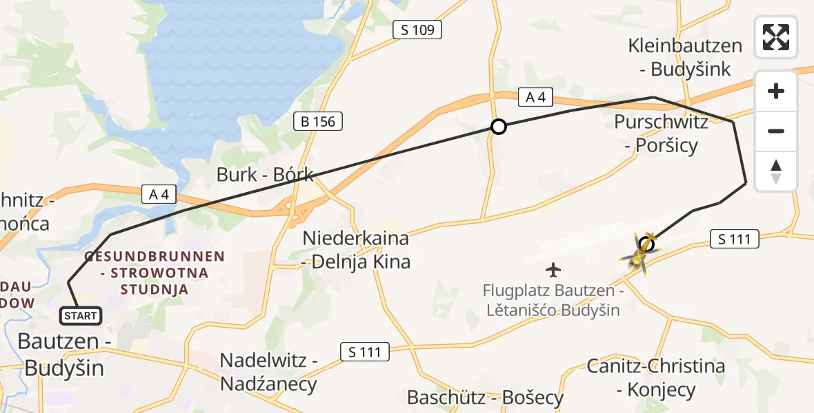 Flugroute Rettungshubschrauber Bautzen - Bautzen Flugplatz, 04 Juli 2026, 07:15