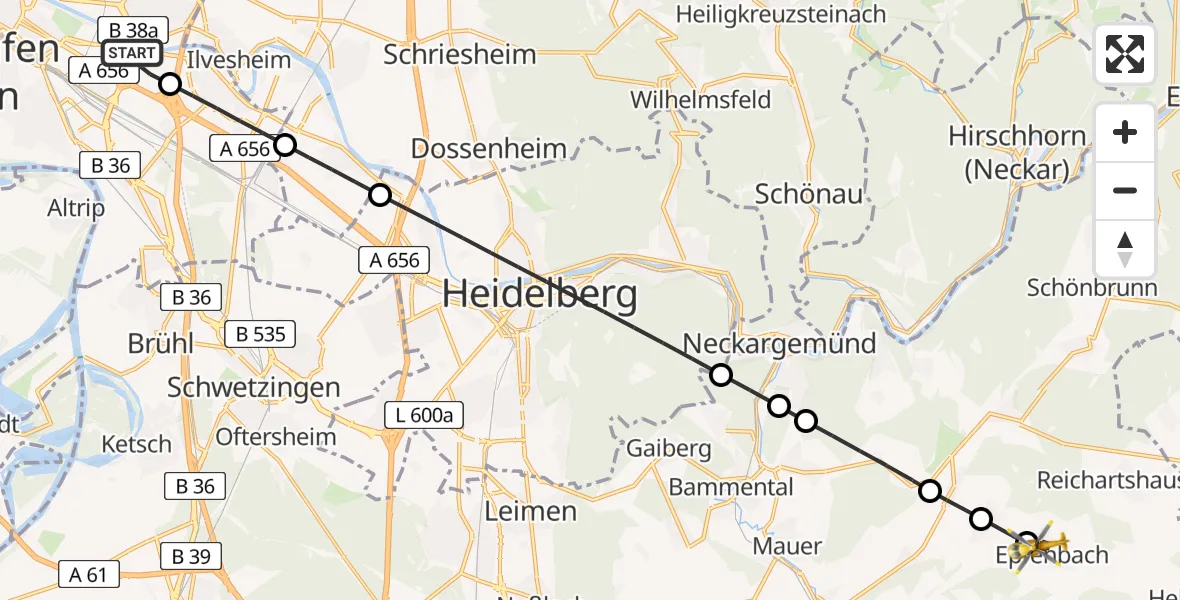 Flugroute Rettungshubschrauber Mannheim-City Flughafen - Epfenbach, 04 Juli 2026, 07:22