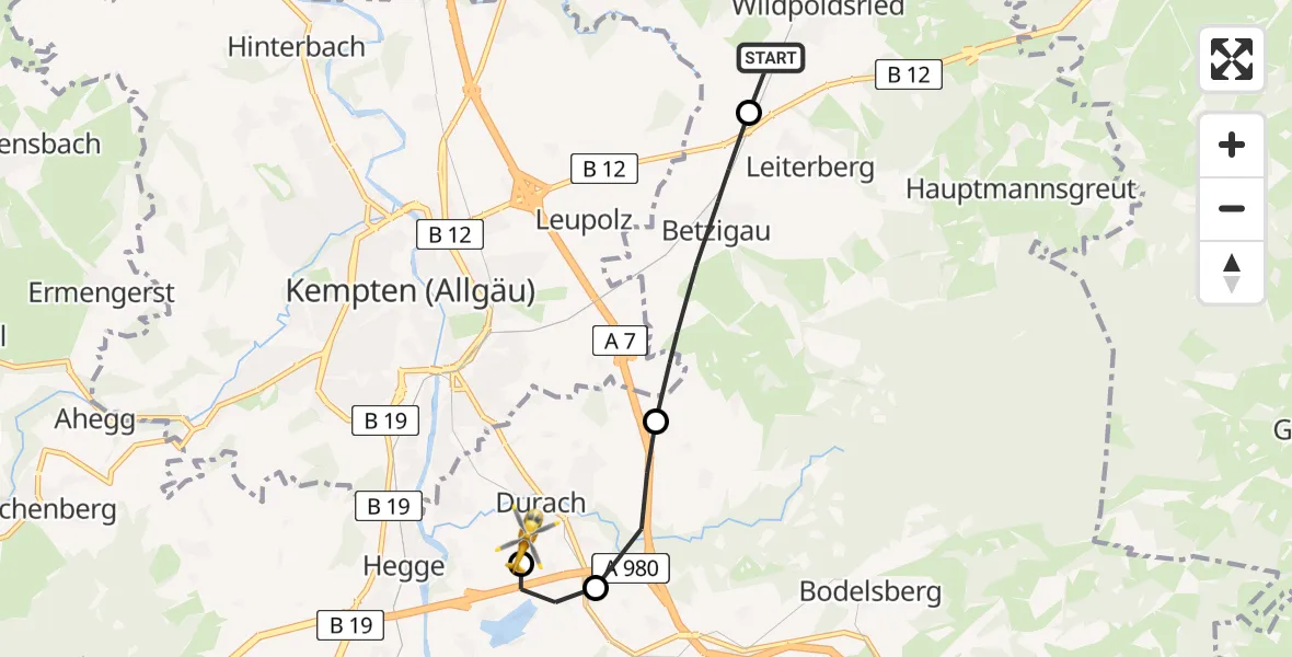 Flugroute Rettungshubschrauber Wildpoldsried - Kempten-Durach Flugplatz, 04 Juli 2026, 07:23