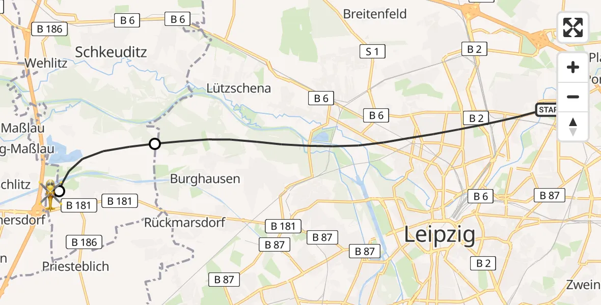 Flugroute Rettungshubschrauber Leipzig - ADAC Air Rescue Station Leipzig/Schkeuditz-Dölzig Hubschrauberlandeplatz (Christoph 61), 04 Juli 2026, 07:38