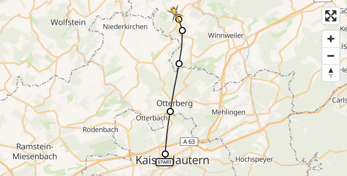 Flugroute Rettungshubschrauber Westpfalz Hospital Kaiserslautern - Gundersweiler, 04 Juli 2026, 08:00