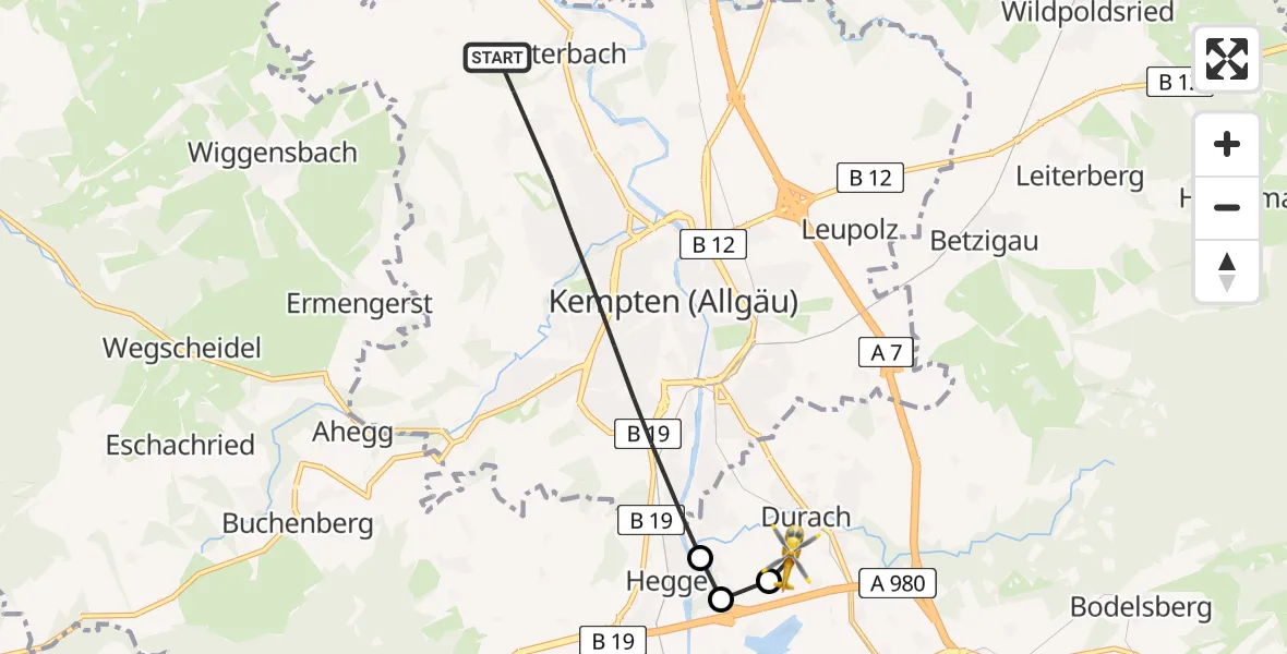 Flugroute Rettungshubschrauber Kempten (Allgäu) - Kempten-Durach Flugplatz, 04 Juli 2026, 08:08