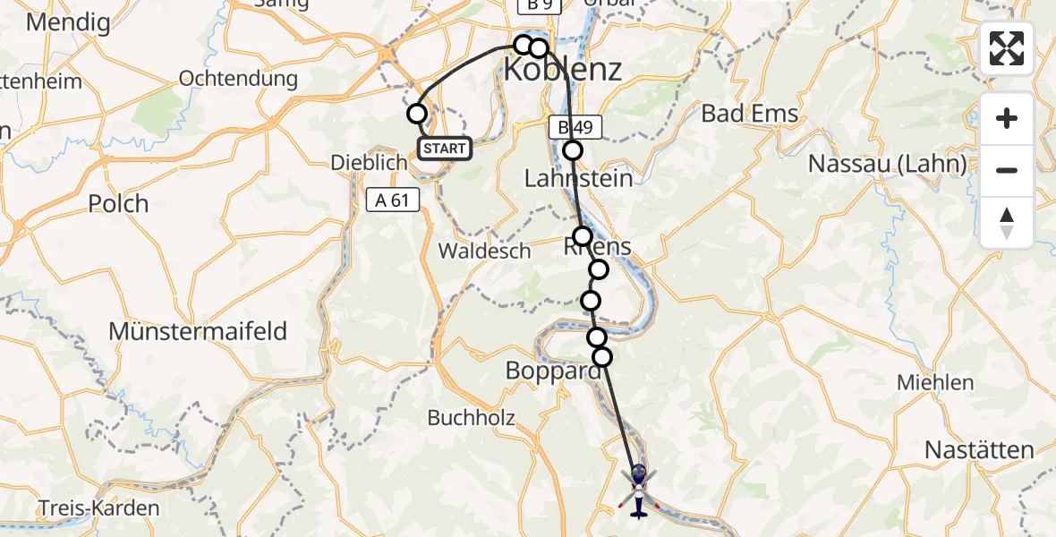 Flugroute Polizeihubschrauber Winningen - Boppard, 04 Juli 2026, 08:20