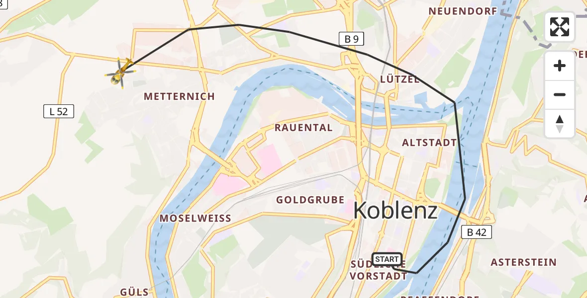 Flugroute Rettungshubschrauber Koblenz - Koblenz, 04 Juli 2026, 08:29