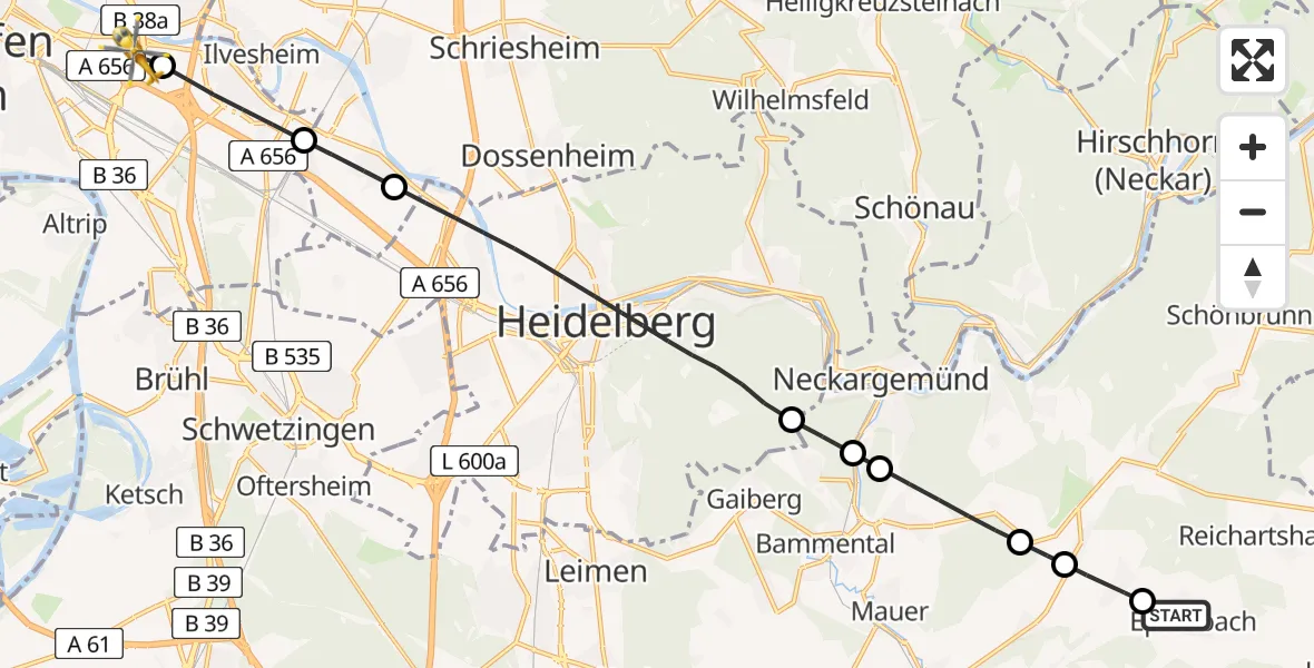 Flugroute Rettungshubschrauber Epfenbach - Mannheim-City Flughafen, 04 Juli 2026, 08:30
