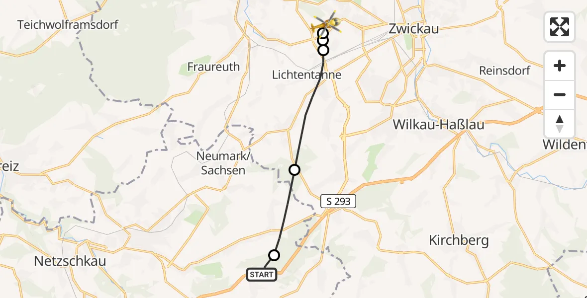 Flugroute Rettungshubschrauber Lengenfeld - ADAC Air Rescue Station Zwickau Hubschrauberlandeplatz, 04 Juli 2026, 08:37