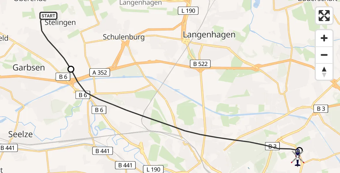 Flugroute Polizeihubschrauber Garbsen - Hannover Luftrettung Hubschrauberlandeplatz (Christoph 4), 04 Juli 2026, 08:37