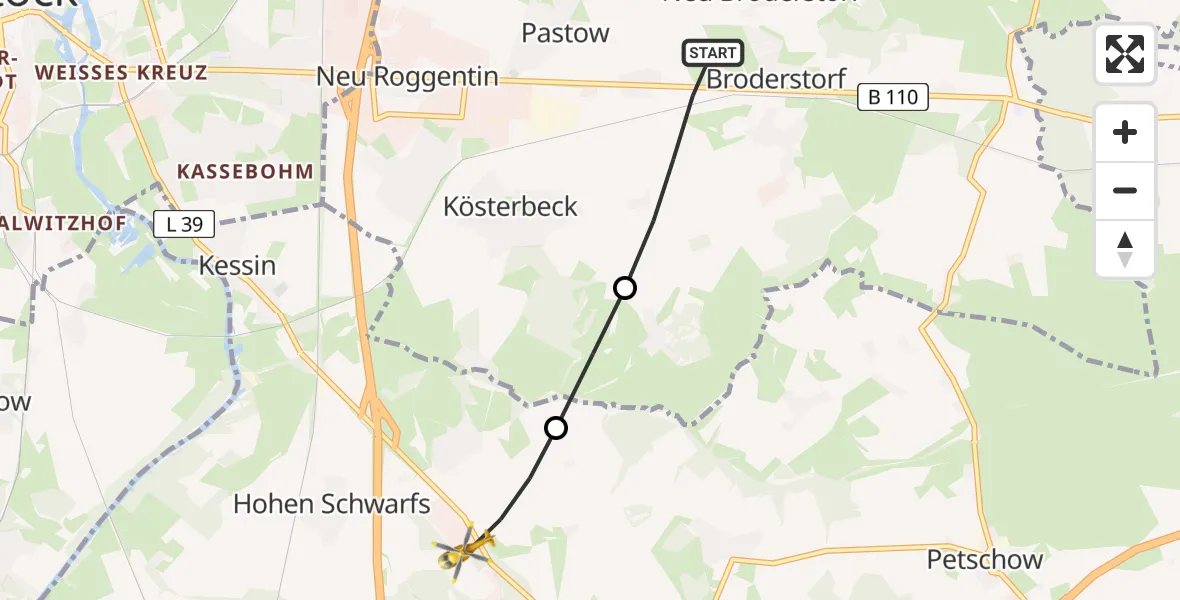 Flugroute Ambulanzhubschrauber Broderstorf - Dummerstorf, 04 Juli 2026, 08:40