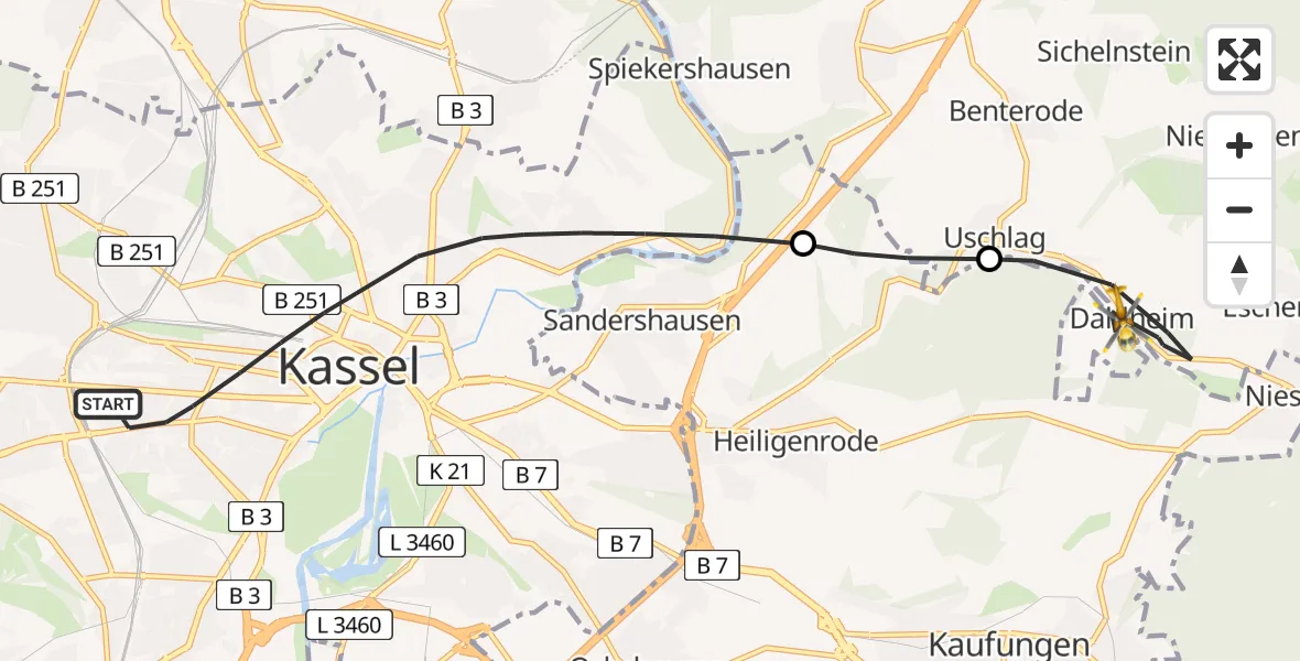 Flugroute Rettungshubschrauber Kassel - Staufenberg, 04 Juli 2026, 08:43