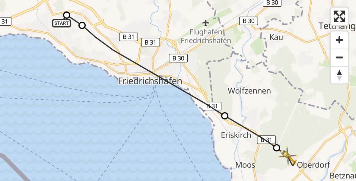 Flugroute Rettungshubschrauber Friedrichshafen Hospital - Langenargen, 04 Juli 2026, 08:48