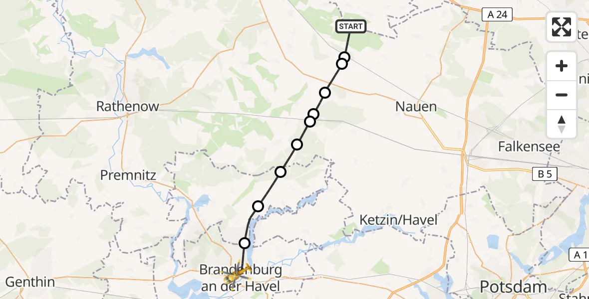 Flugroute Rettungshubschrauber Paulinenaue - Brandenburg an der Havel, 04 Juli 2026, 08:50