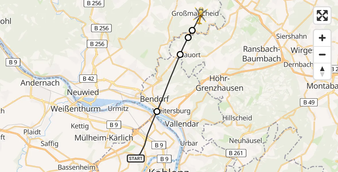 Flugroute Rettungshubschrauber Koblenz - Großmaischeid, 04 Juli 2026, 08:50