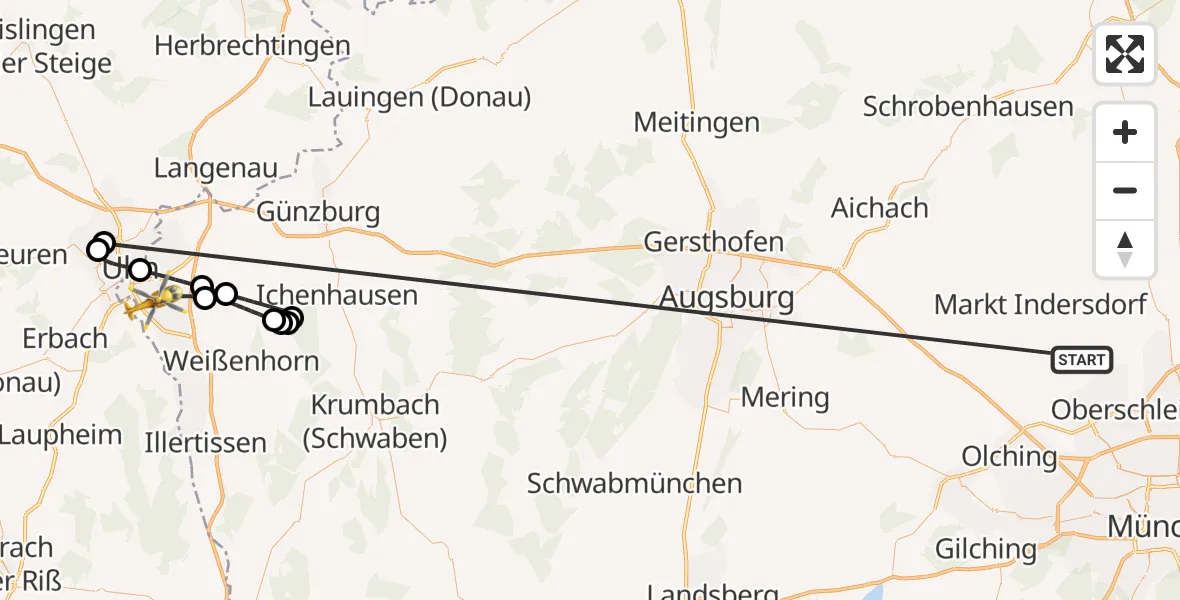 Flugroute Rettungshubschrauber Röhrmoos - Neu-Ulm, 04 Juli 2026, 08:52