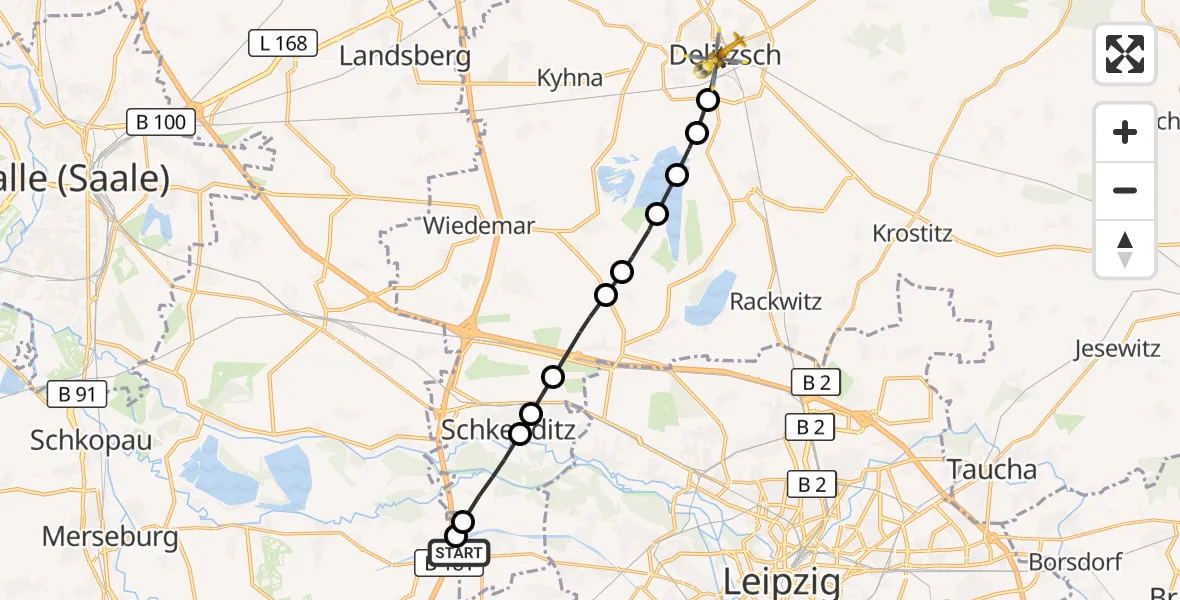 Flugroute Rettungshubschrauber ADAC Air Rescue Station Leipzig/Schkeuditz-Dölzig Hubschrauberlandeplatz (Christoph 61) - Delitzsch, 04 Juli 2026, 08:54