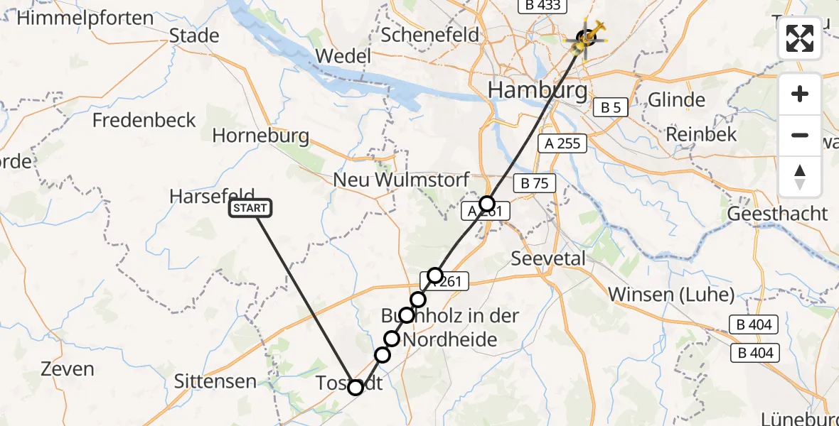 Flugroute Rettungshubschrauber Harsefeld - Hamburg Military Hospital, 04 Juli 2026, 08:55