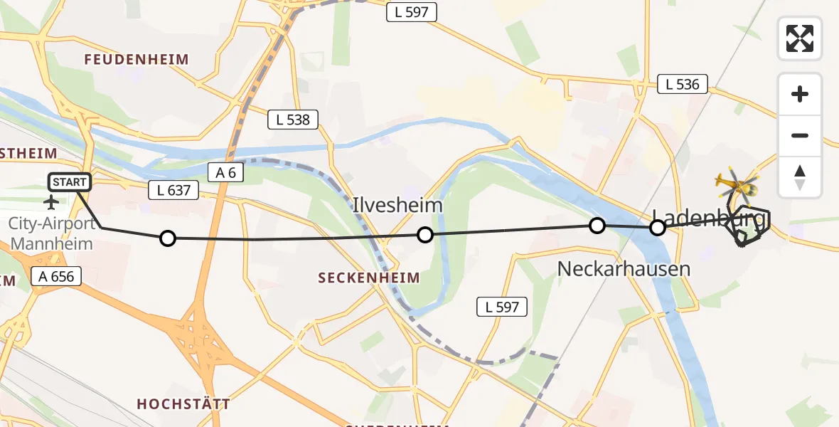 Flugroute Rettungshubschrauber Mannheim-City Flughafen - Ladenburg, 04 Juli 2026, 08:59